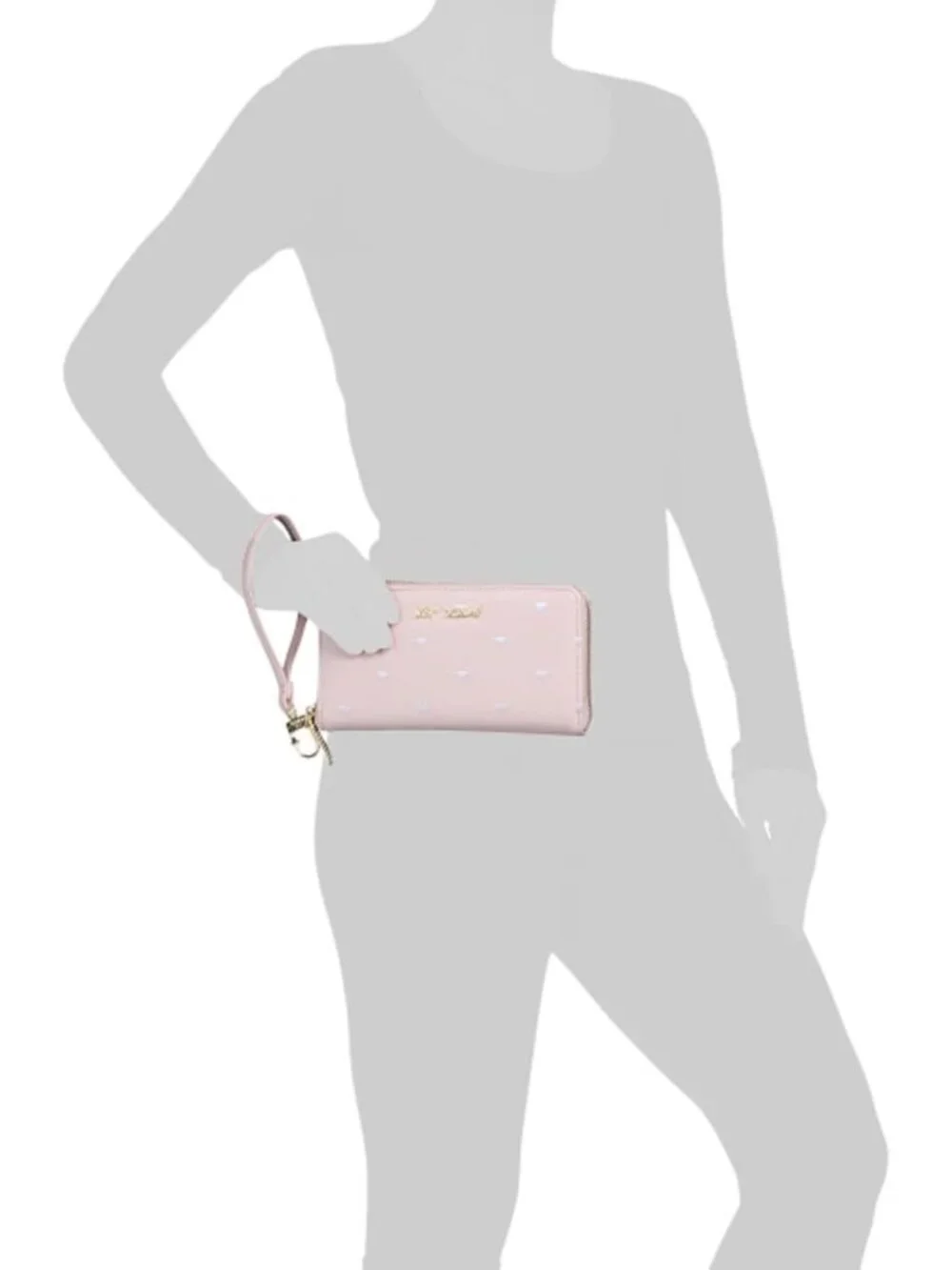 Chic Pink Zip Around Wallet with Wristlet Strap, Embroidered Hearts & Gold
